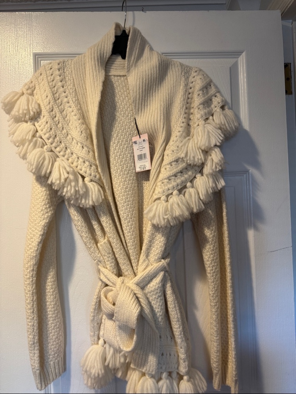 cinq a sept Cream Tassel Shawl-Collar Knit Wrap Sweater